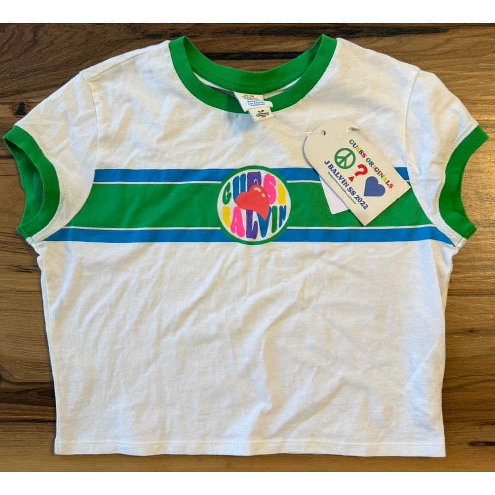 GUESS Originals J Balvin Baby Tee S‎ White Green Ringer Graphic Y2K NWT